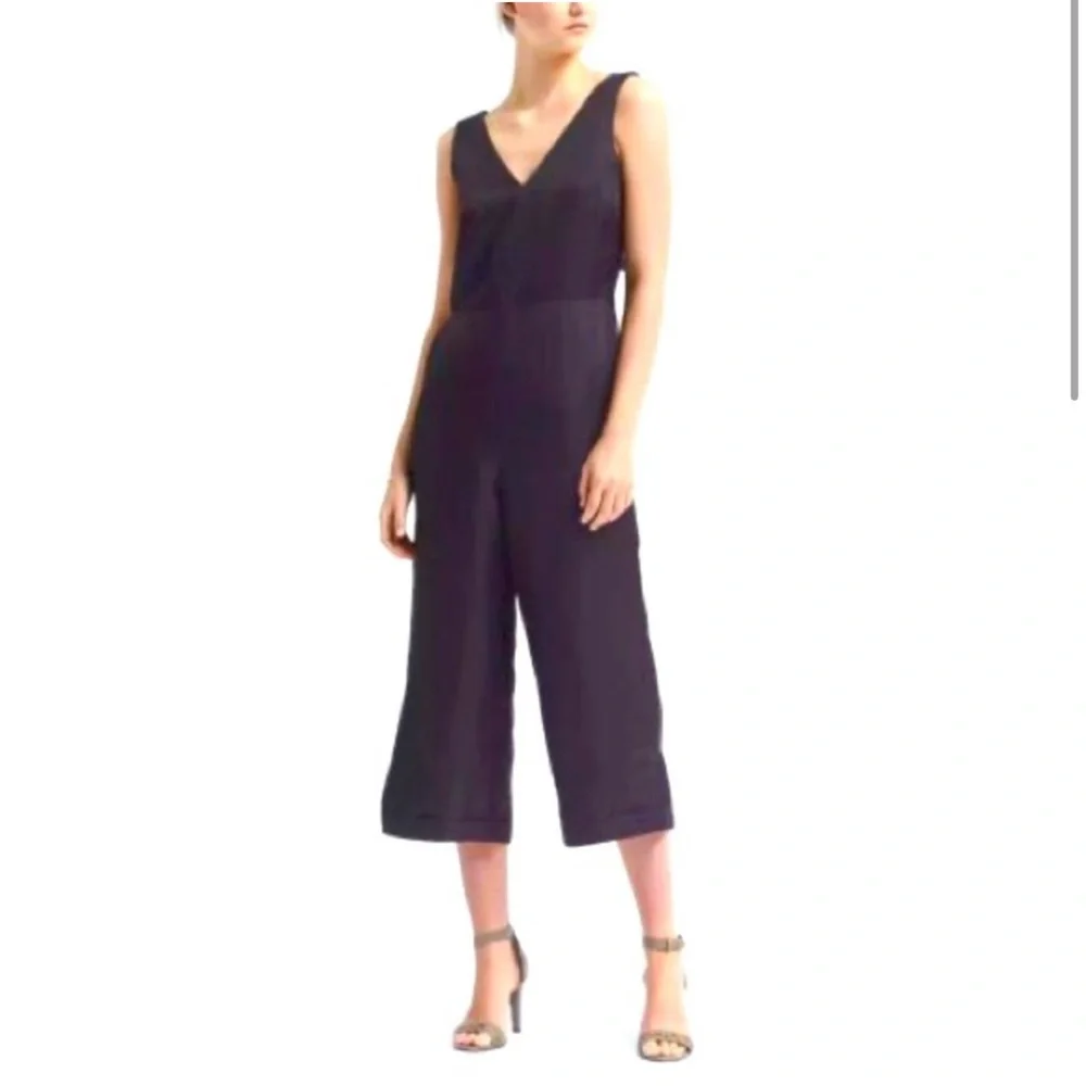 NEW Banana Republic Women’s V-Neck Linen Blend Wide Leg Jumpsuit Navy 00P Petite